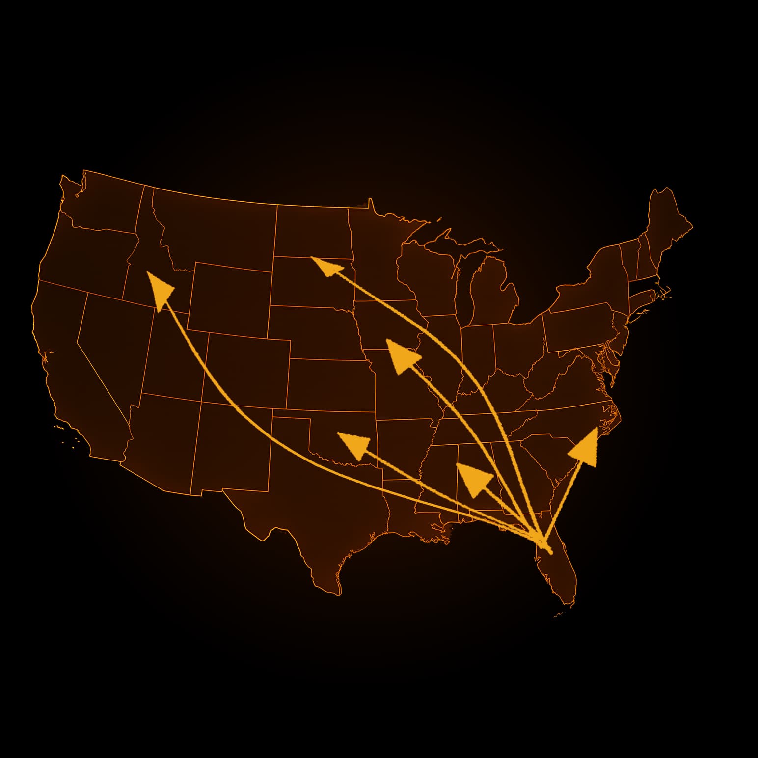 Map of the United States, with arrows toward different states, showing our nationwide shipping.