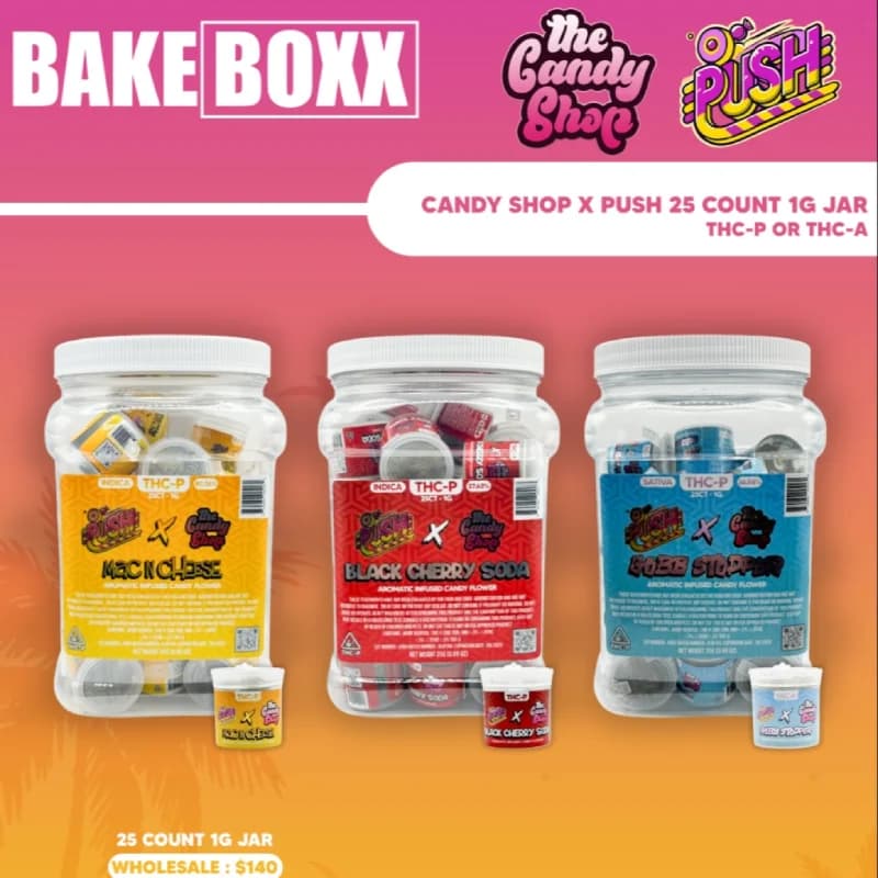 The Candy Shop. Showcase of The Candy Shop X PUSH 25 Count 1G Jar. THCP or THCA, 3