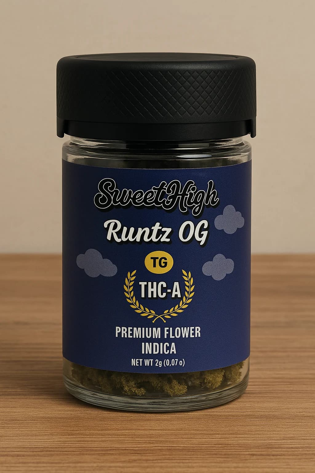 Image showing Sweethigh's popular Runtz OG Premium THCa Flower -Indica- in a jar.
