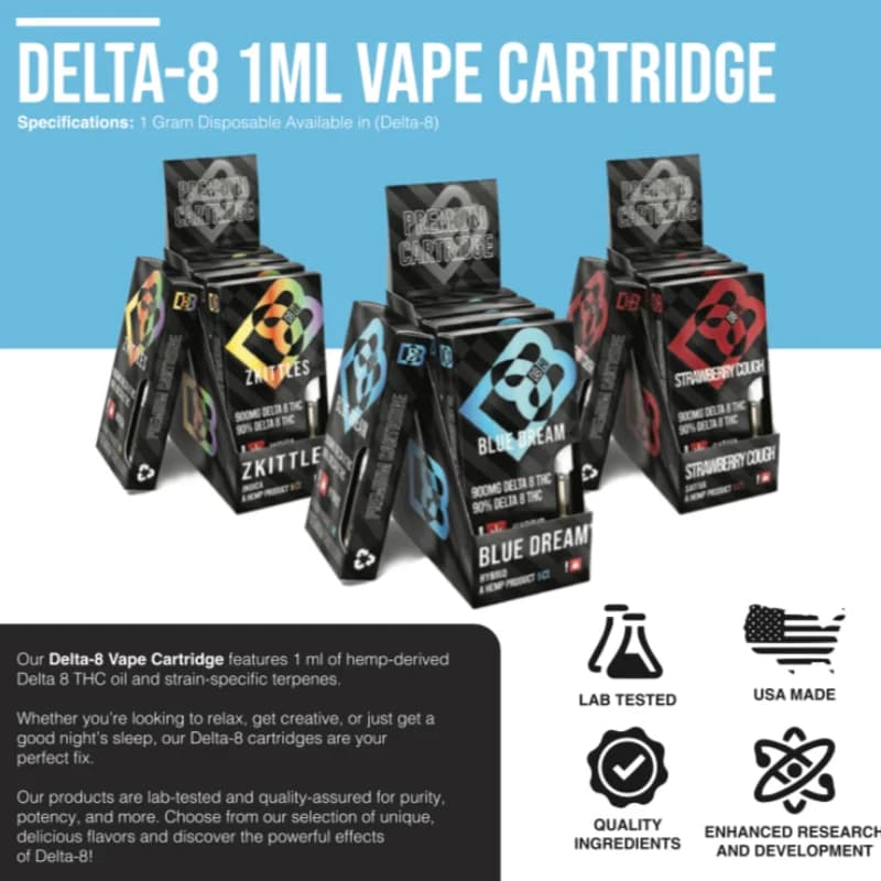 D8-HI Image of Delta-8 1ml Vape Cart, lab-tested, usa made, quality ingredients, with different kinds: Zkittles, Blue Dream, and Strawberry Cough