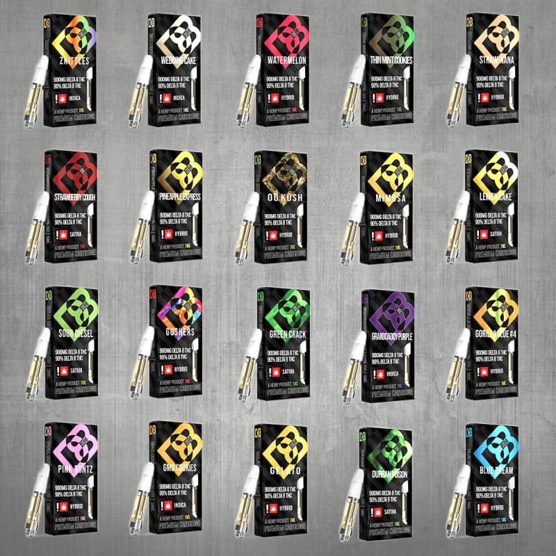 D8-HI. Features a set of 20 different variations of our D8-HI Delta-8 cartridges, and disposables.