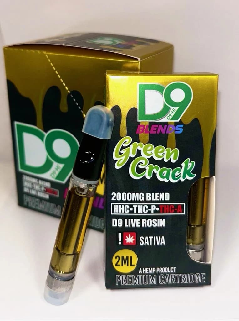 D9-HI Image of Delta-9 Green Crack 2ml Vape Cart, lab-tested, usa made, quality ingredients, a combination of HHC, THCP, THCA, contains D9 Live Rosin and it's of type Sativa