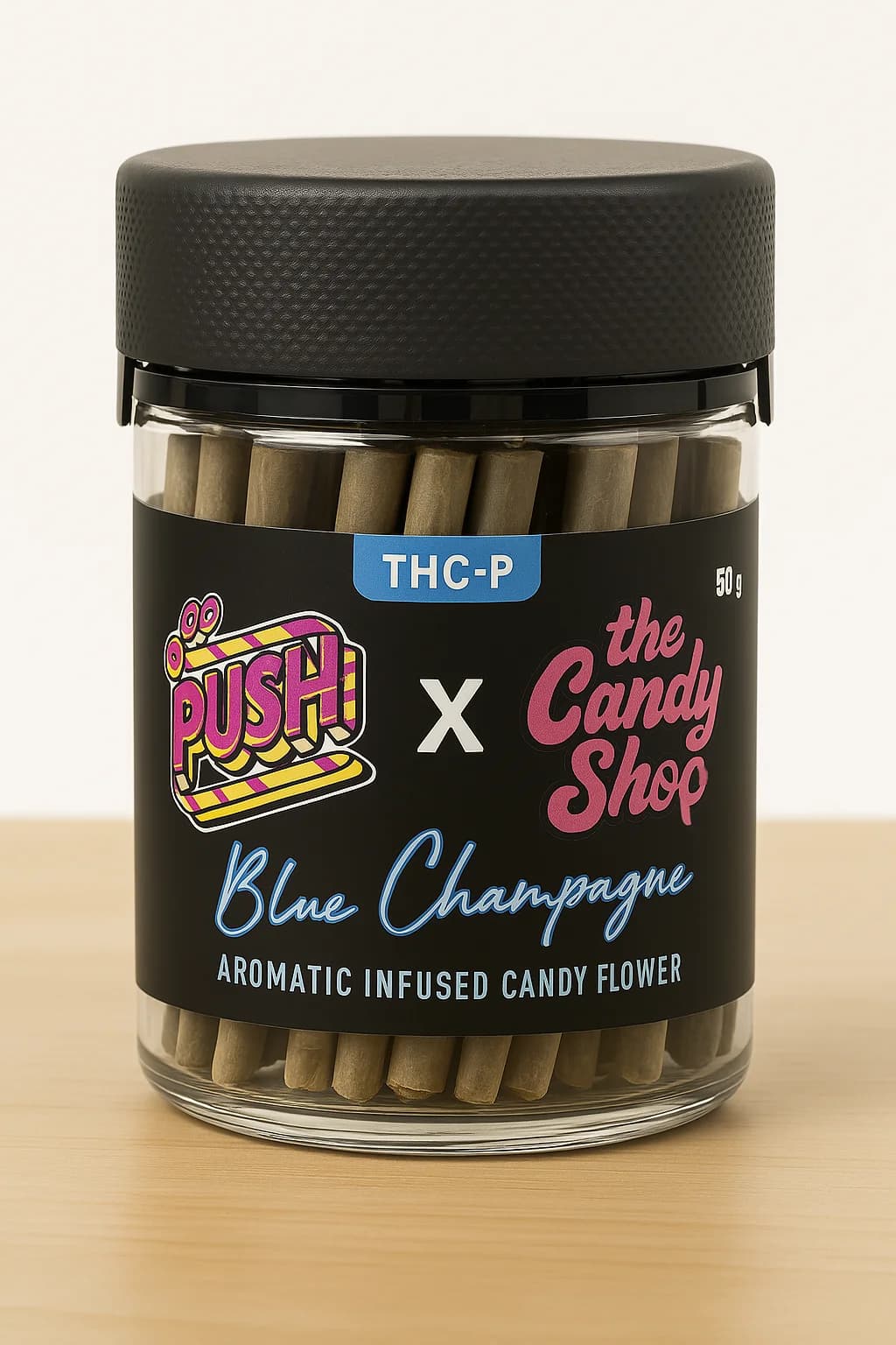 PUSH Image of PUSH x The Candy Shop Blue Champagne THCP Pre Rolls, Aromatic Infused Candy Flower, In a Jar.