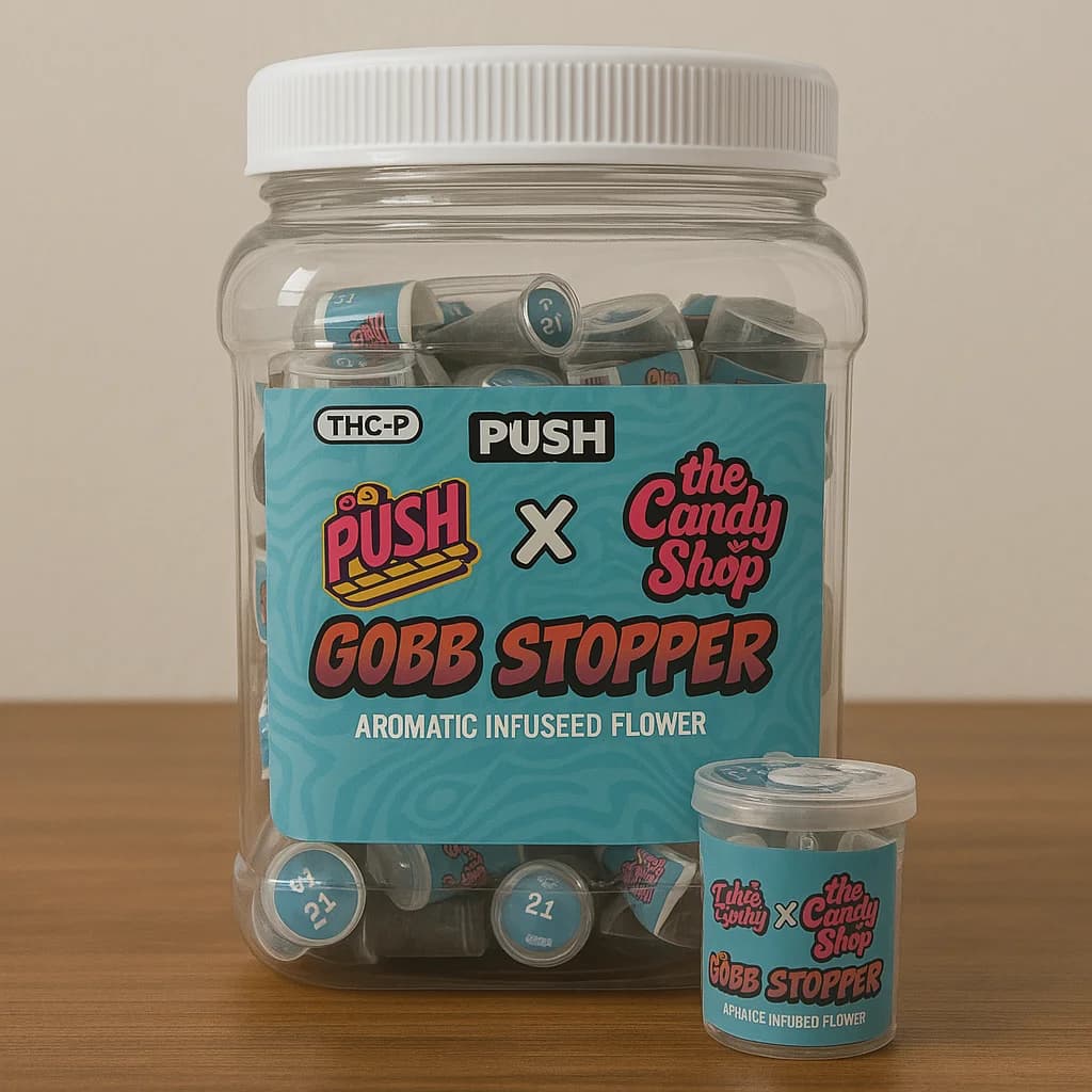 PUSH. Showcase of our PUSH x The Candy Shop Gobb Stopper strain buds, THCP, in a Container, Aromatic Infused Flower