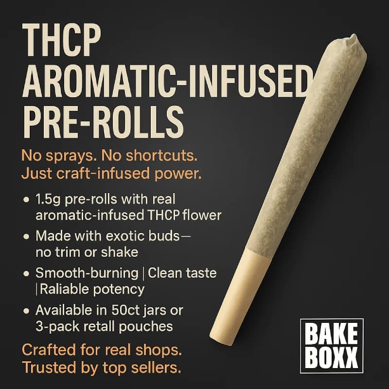 THCP Pre-rolls image. THCP Aromatic Infused Pre rolls. No sprays. No shortcuts. Just craft-infused power. 1.5g pre-rolls with real aromatic-infused THCP flower. Made with exotic buds, no trims or shakes. Smooth burning, clean taste, Reliable potency. Available in 50ct jars or 3-pack retail pouches. Crafted for real shops and trusted by top sellers.