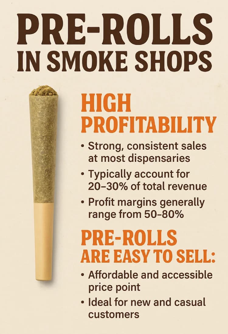 THCP Pre-rolls Image. Pre rolls in smoke shops. High Profitability. Strong, consistent sales at most dispensaries. Typically accounts for 20-30% of total revenue. Profit margins generally range from 50-80%. Easy to sell. Affordable and accessible price point. Ideal for new and casual customers