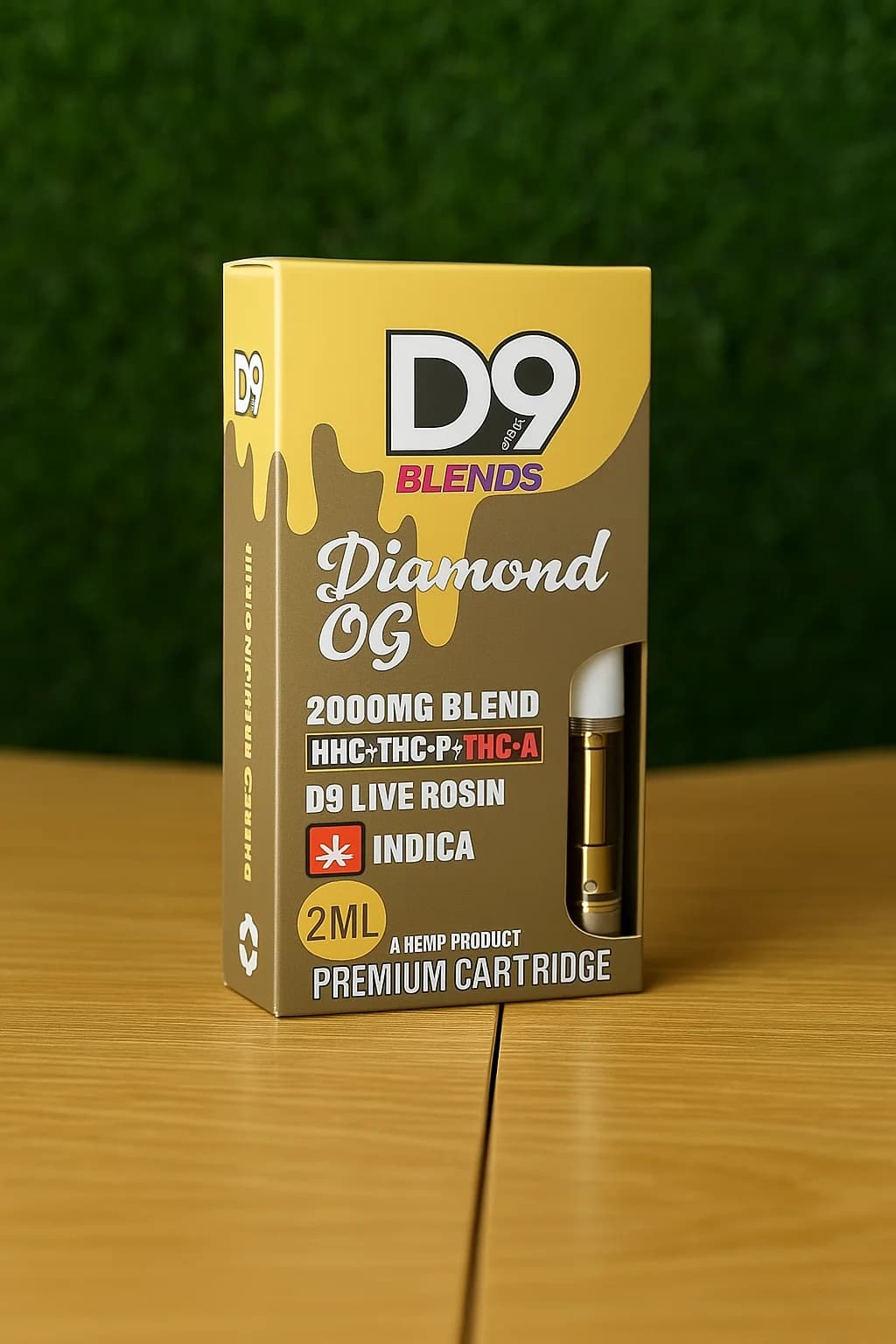Delta 9 Concentrate Image, showing D9-HI Diamond OG Cartridge, Disposable, 2000mg Blend on  HHC, THCP, and THCA, Strain type is Indica, 2ml