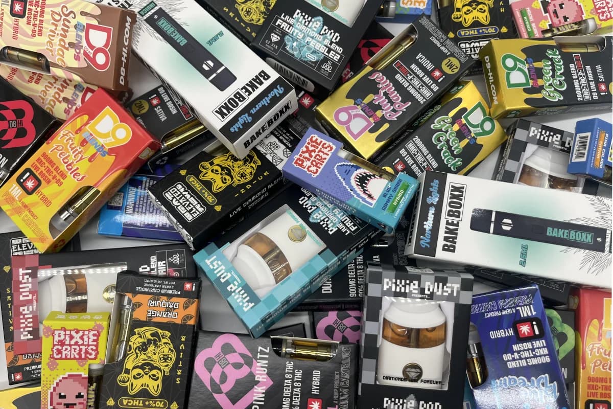 Vape/Cartridges Image, showing Delta 9 Distillates, Disposables, and Catridges