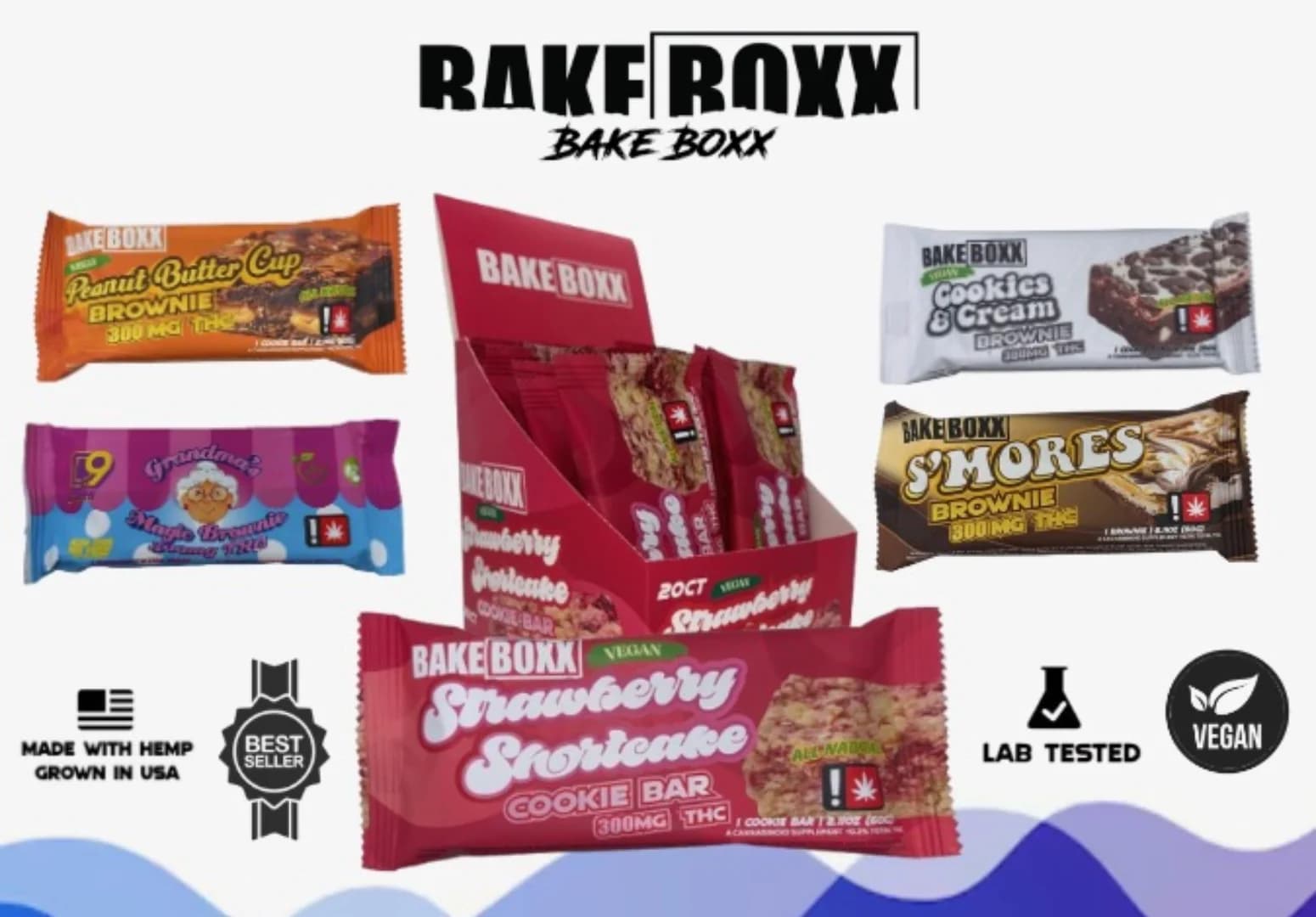 Edibles Image, showing our THC Brownies, including Peanut Butter Cup Brownie, Cookies & Cream, Grandma's Magic Brownie, Strawberry Shortcake, and S'mores variations.
