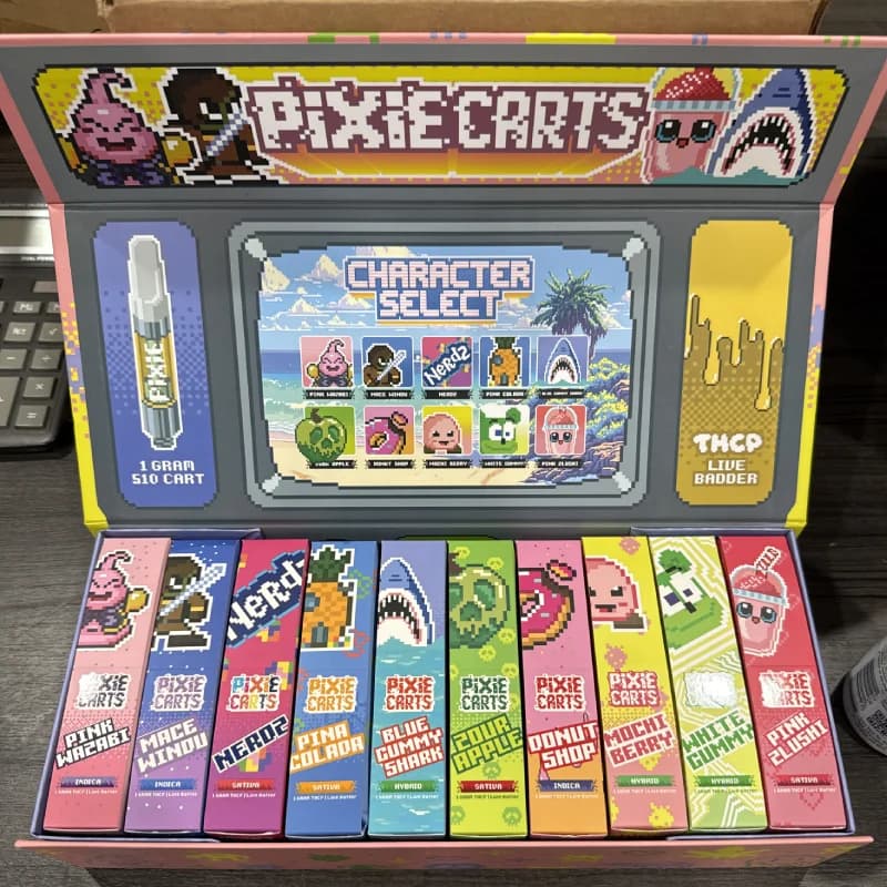 THCP Concentrate Image, showing Pixie Carts, which shows a video-game like box of catridges, featuring disposables and catridges, and different strains like Pink Wa2abi, and 10 more.