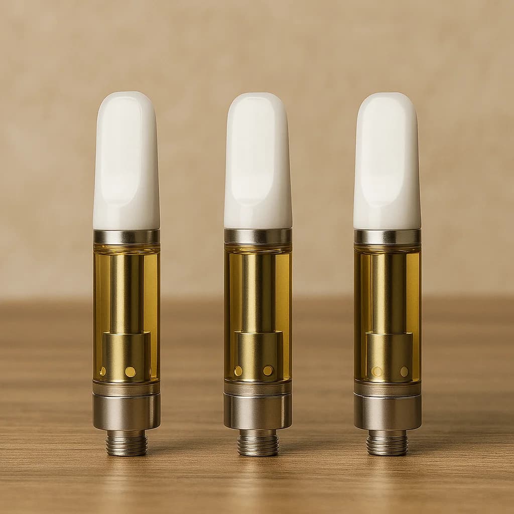 Concentrates Image, showing three disposable cartridges standing up on a table